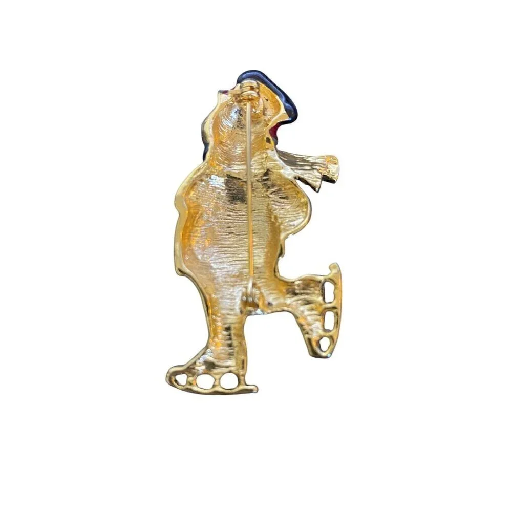 Skating Snowman Brooch Unsigned